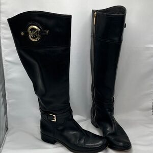 Black Leather Michael Kors Zip Up Riding Boots